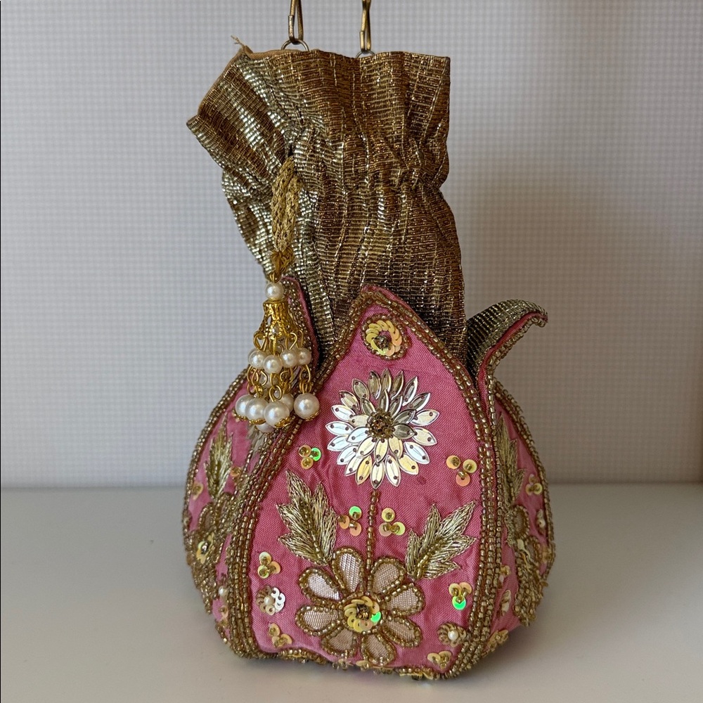 Ethnic Indian Wear Pink and Gold Floral Clutch - Picture 2 of 4